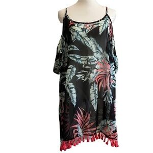 Black Coral & Green Palm Leaves Print Swimsuit Coverup with Tassels Size S